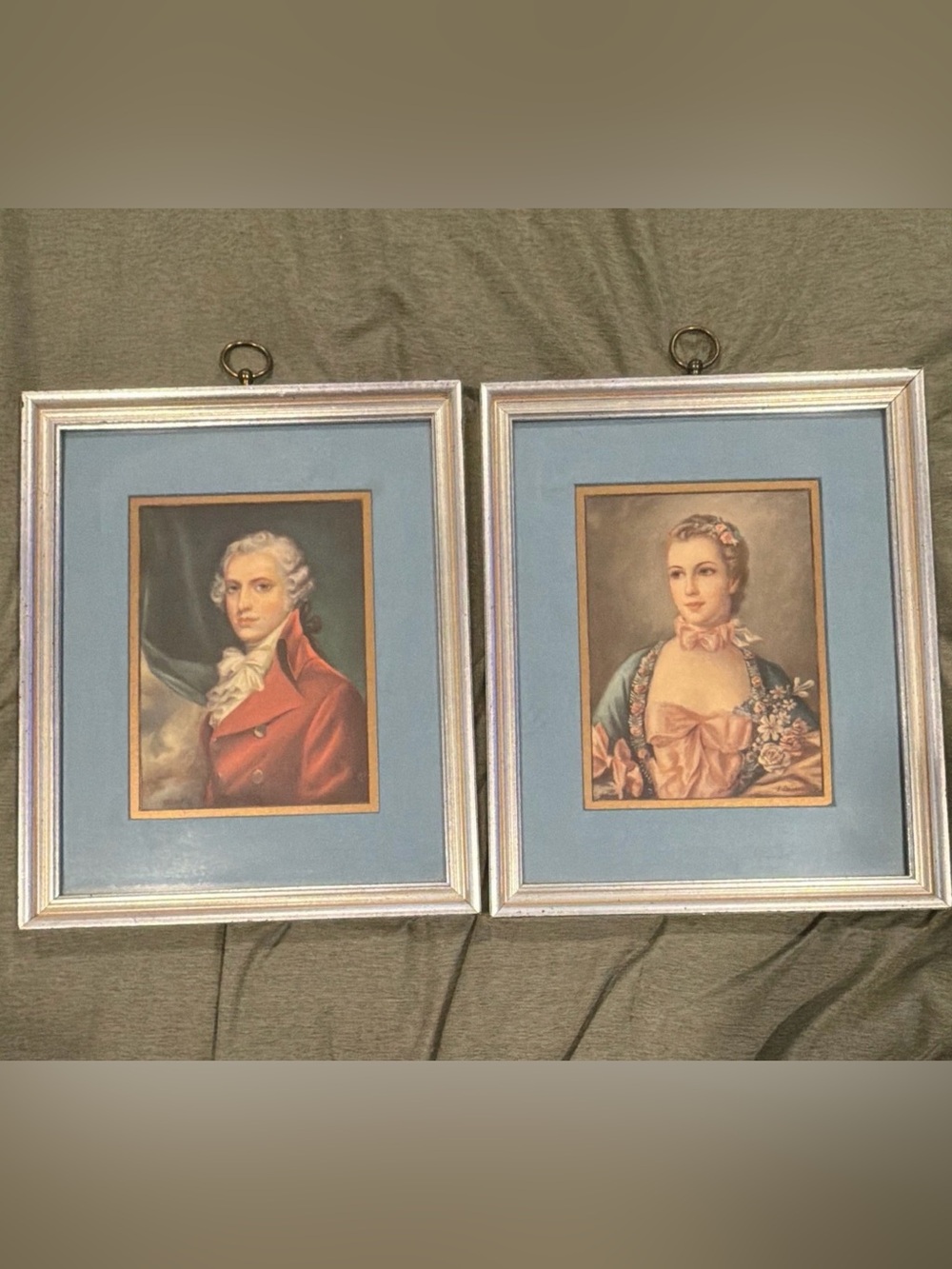 Vintage Framed Aristocrat Portrait Prints Pair Silver Frames Blue Mat Wall Decor